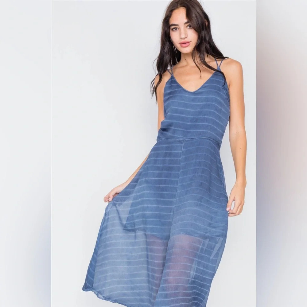 NWT-Indigo Blue Contrast Stripes Sheer Flare Leg Jumpsuit - Picture 5 of 12